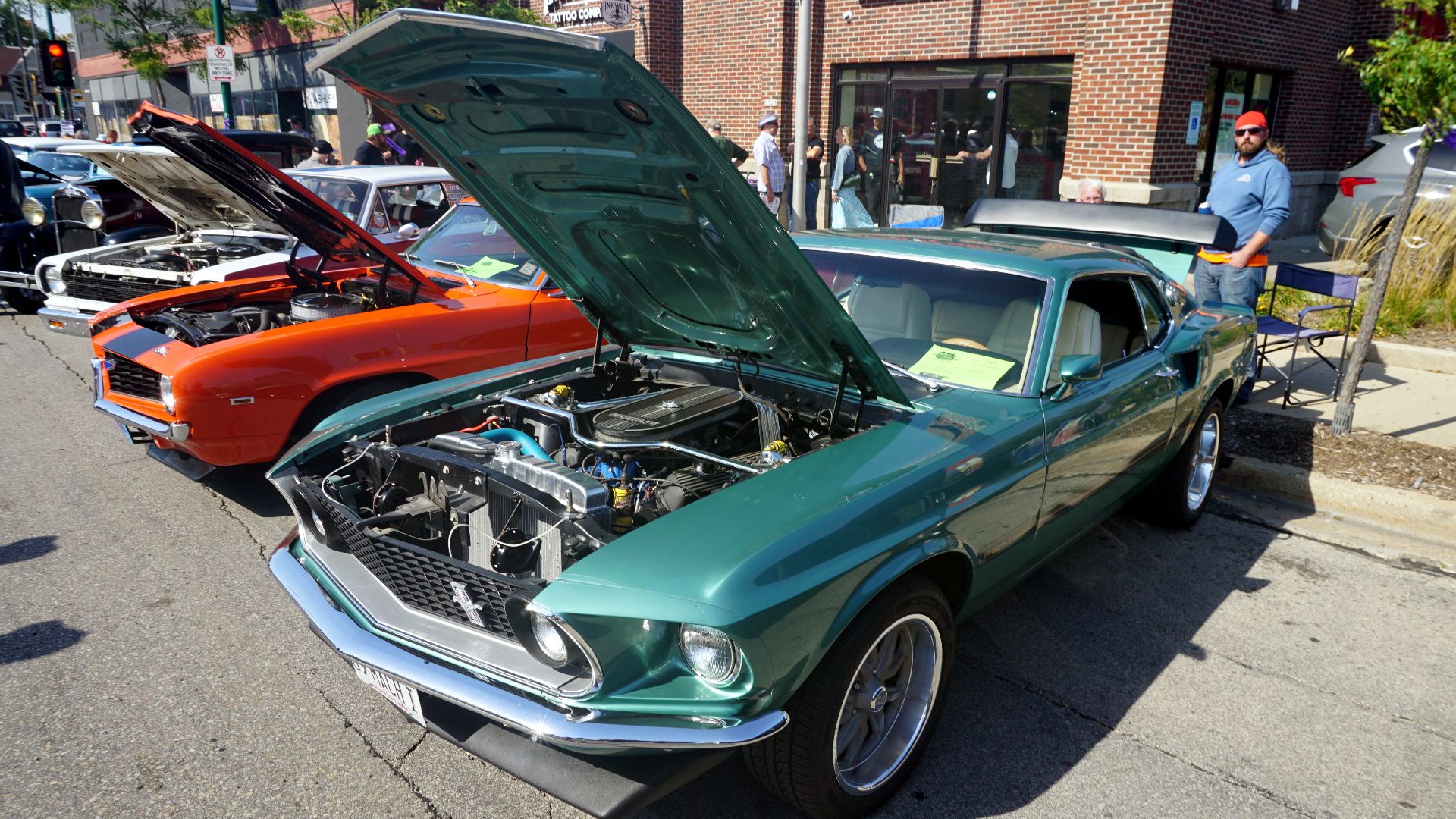 A 1969 Ford Mustang Mach 1 on display at the 2024 Downtown West Allis Classic Car Show in West Allis, Wisconsin (United States).