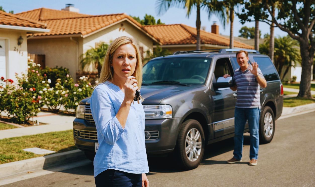 woman worried man blocking driveway