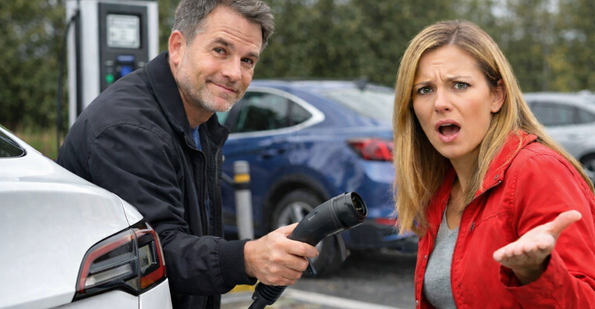 Man unplugging EV, woman in shock