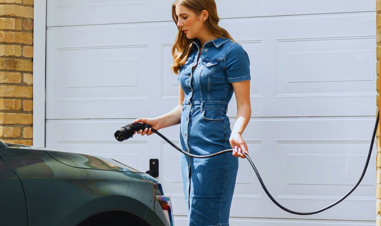 Stylish and functional home EV charger, blending seamlessly with modern home exteriors