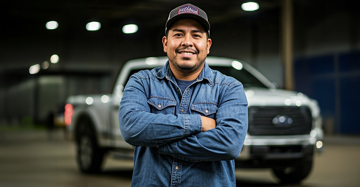 Close up photo of smiling Latin man next to a ford f150 pickup truck