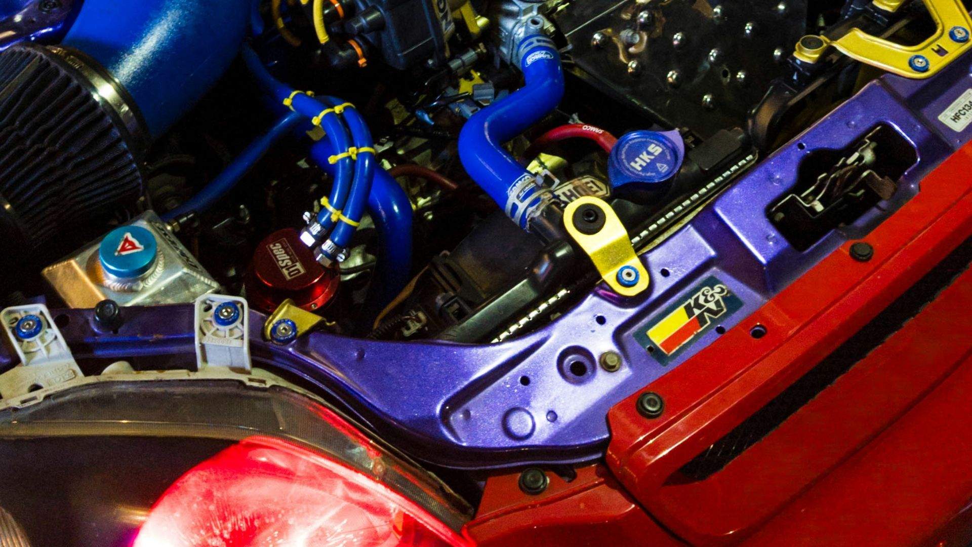 A honda type r engine bay, highly modified.