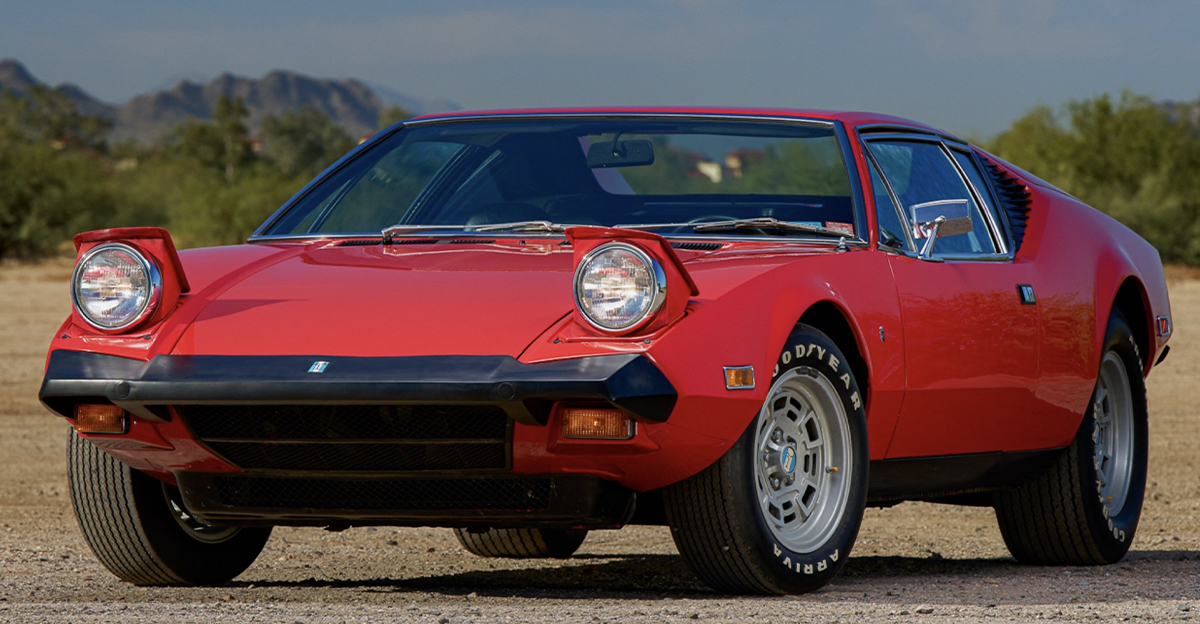 De Tomaso Pantera in red showing the front of the car.
