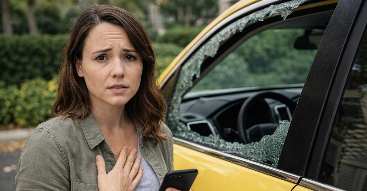 AI-generted image of a woman concerned about a rental car break-in.