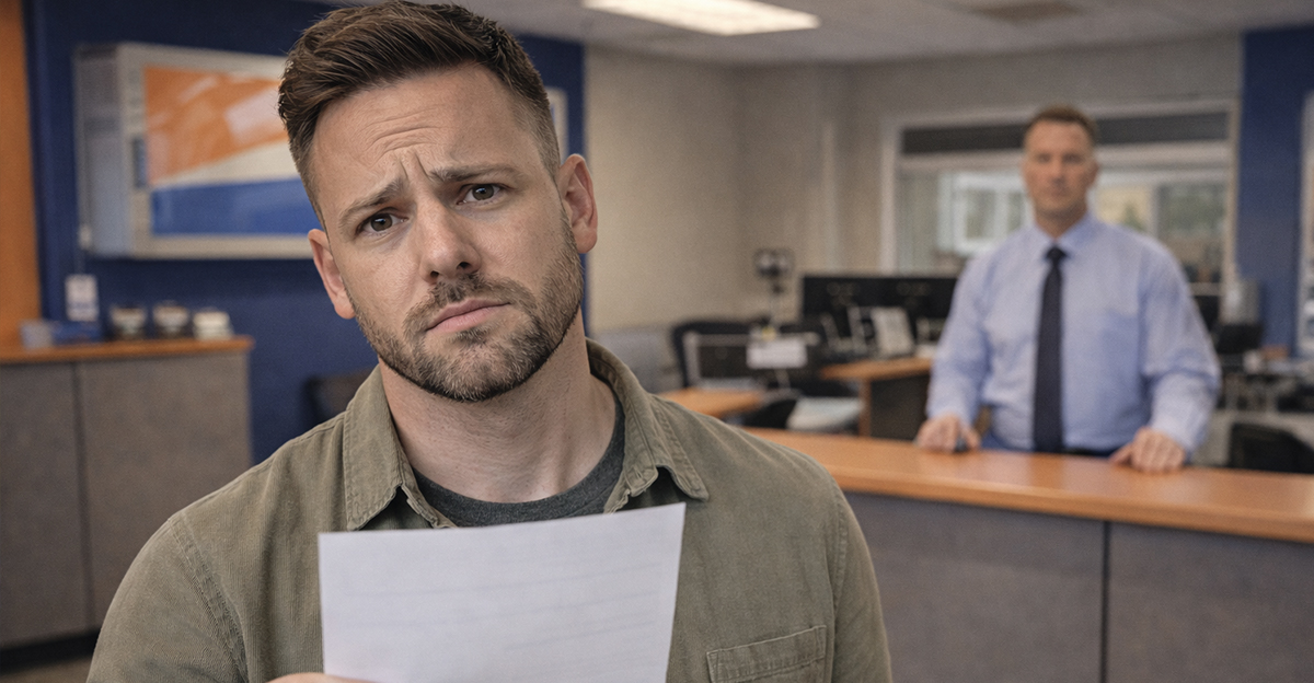 Ai-generated image of a man concerned about a charge on a rental car bill.