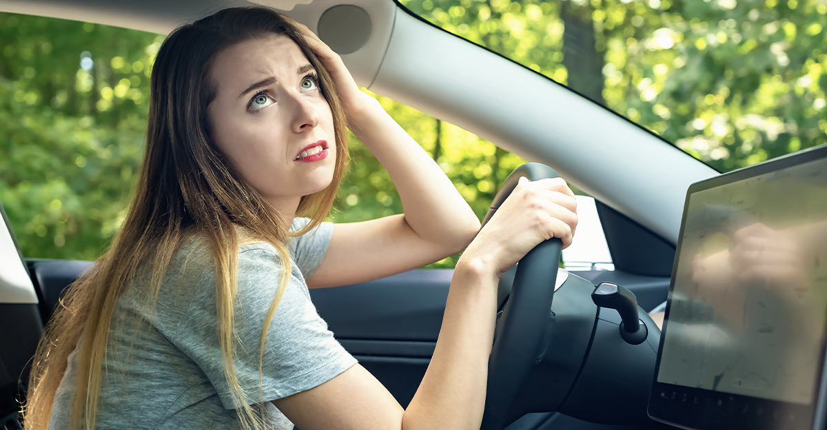 Stressed young woman upset about traffic in a new car