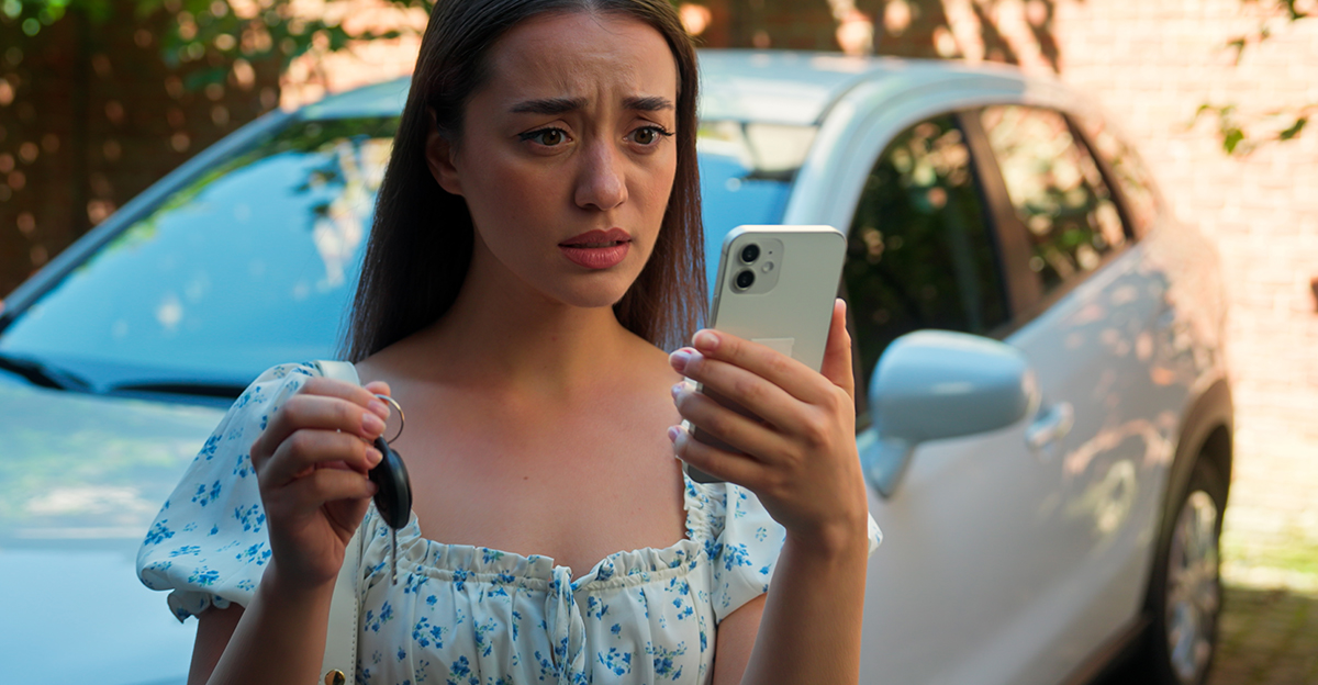Worried woman holding car keys and looking at her phone.