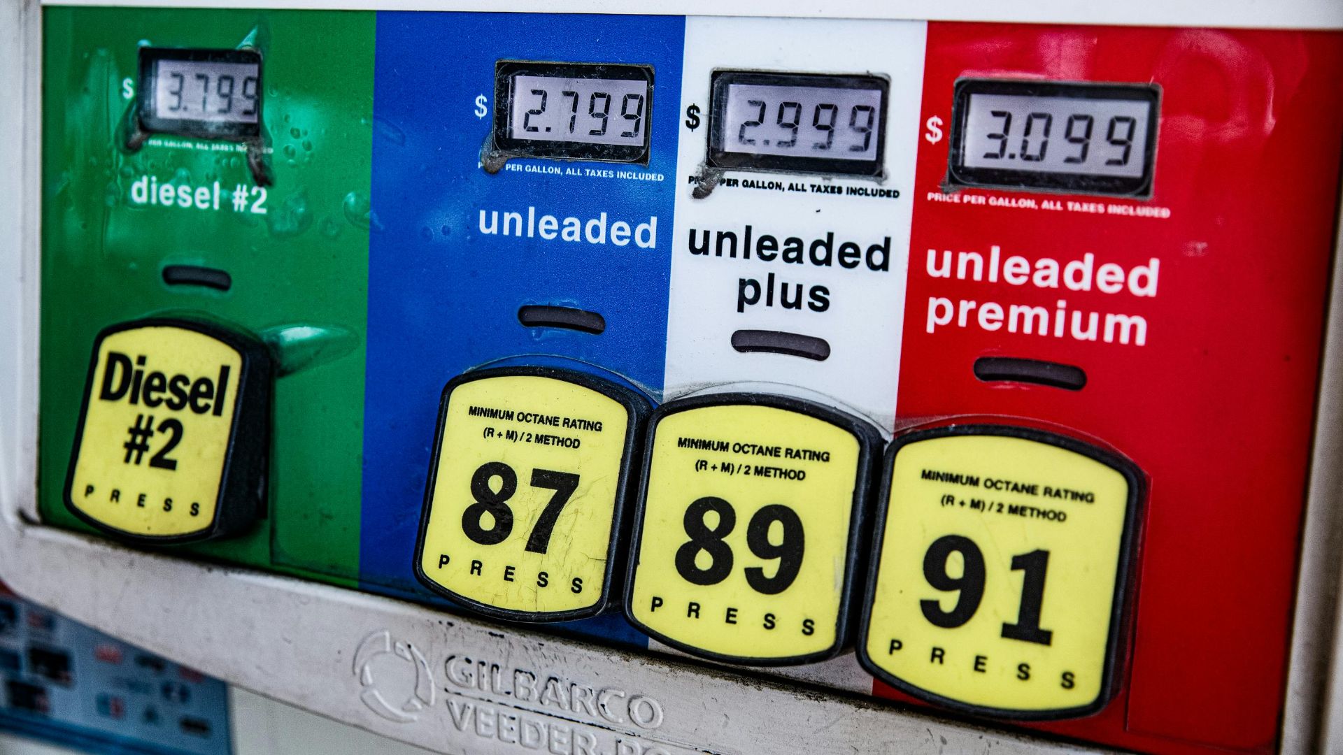 Close-up of a vintage gas pump station showing fuel prices and octane ratings in Los Angeles.