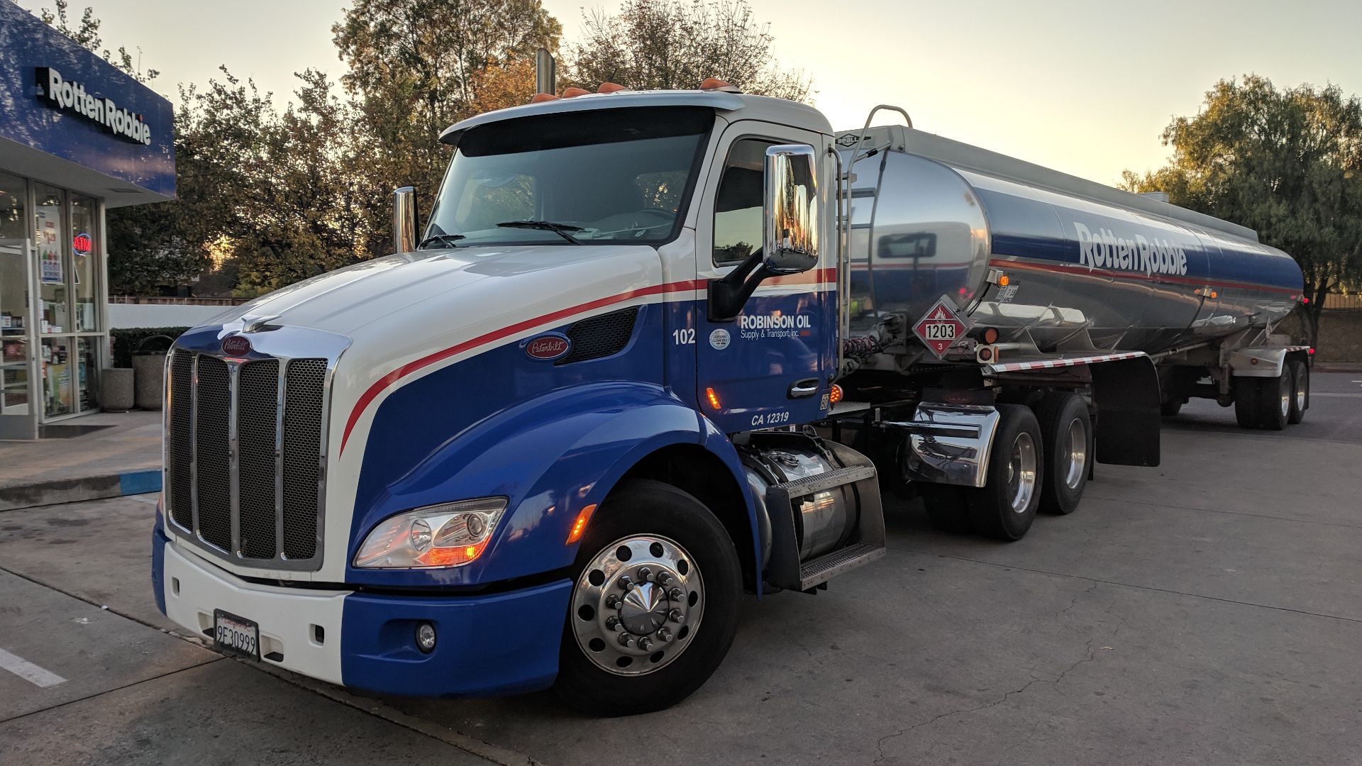 A Rotten Robbie tanker truck at a Rotten Robbie convenience store and gas station in Campbell, California.