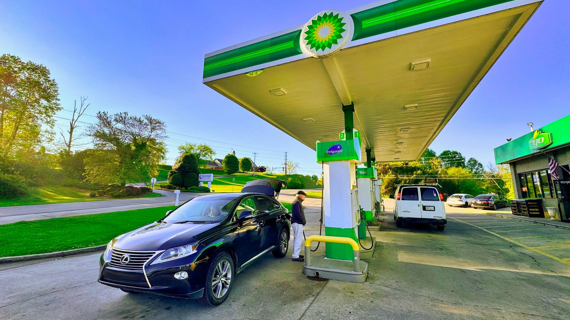 A modern BP gas station or filling station in the United States