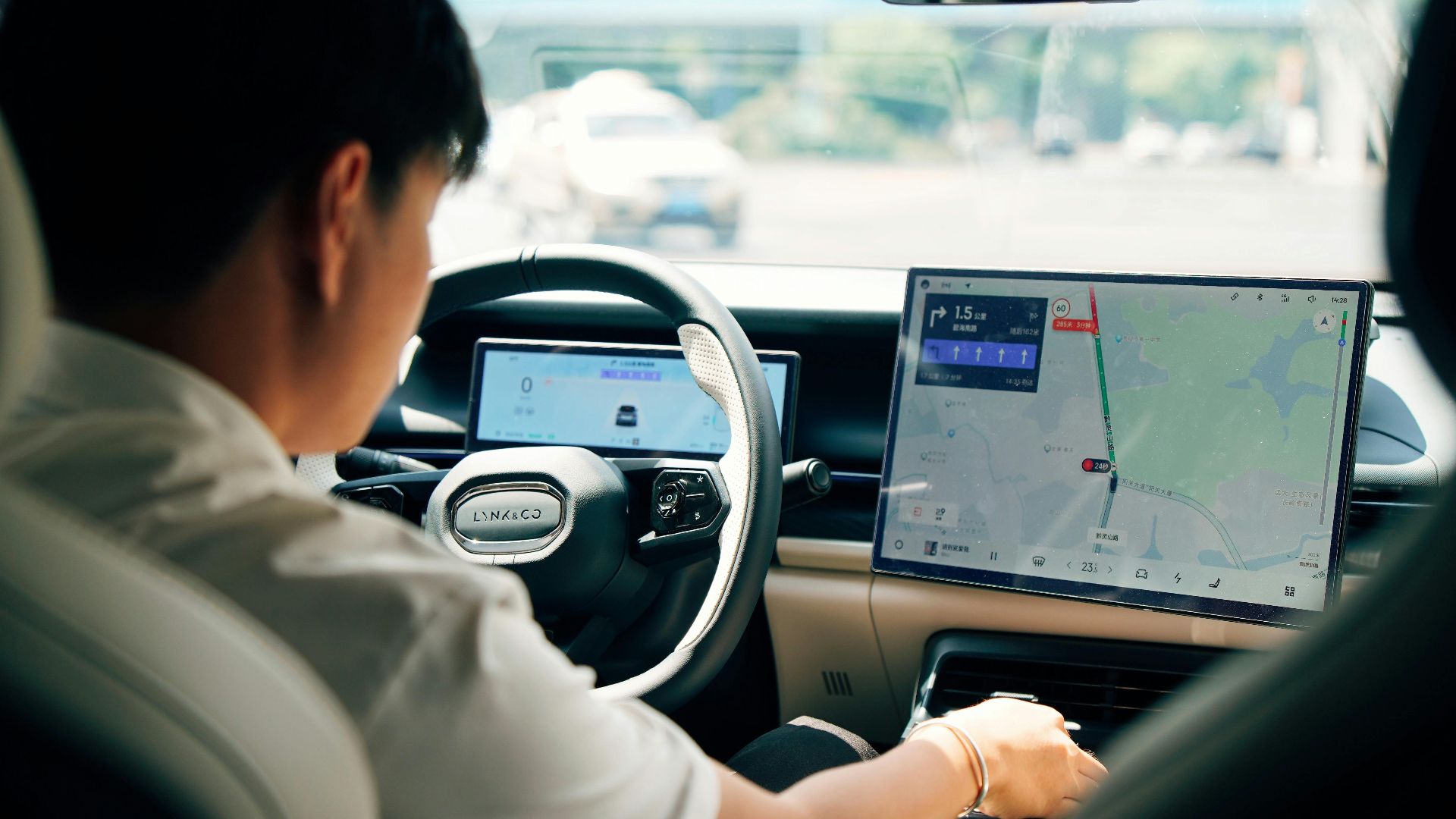 Driver using GPS in a modern car interior. Emphasis on technology and travel.