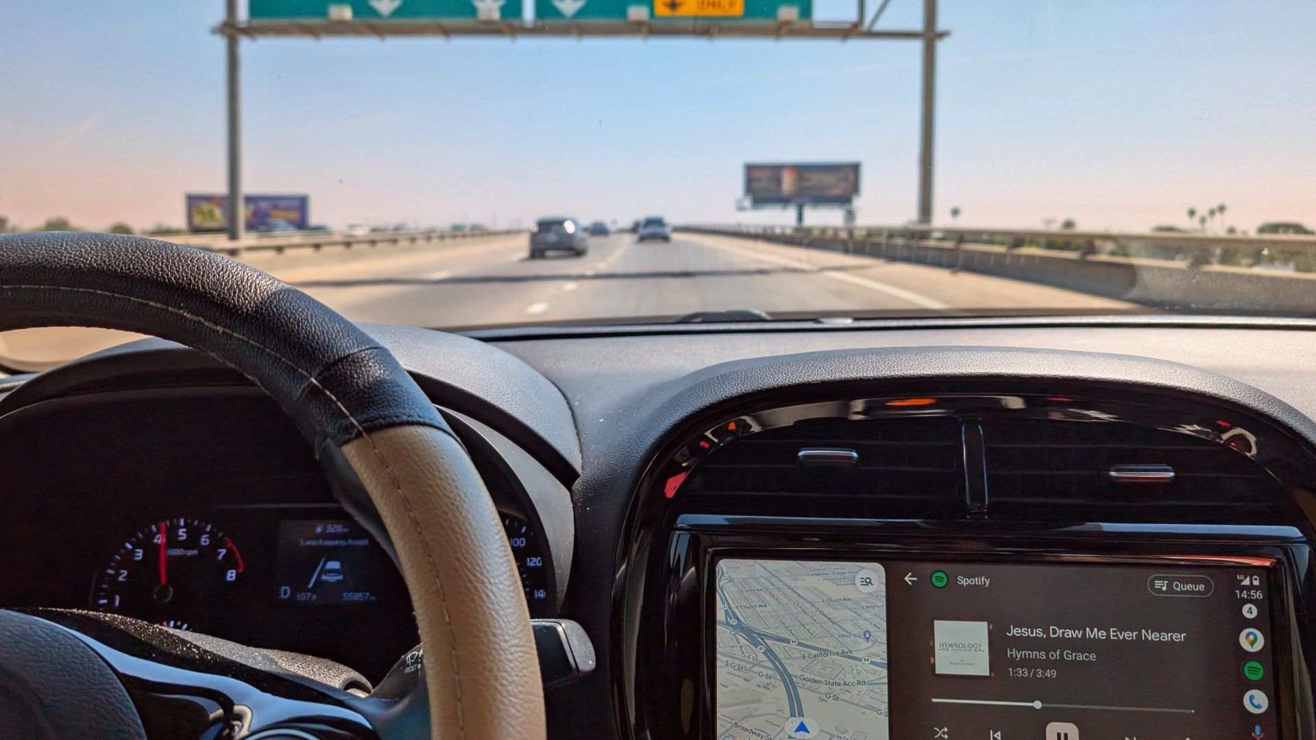 Android Auto on a road trip along Highway 99 in Central California