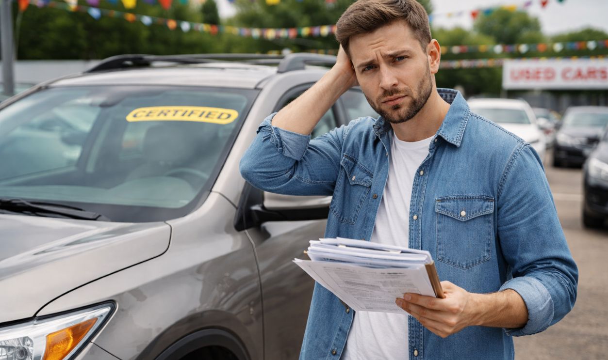 Worried buyer at used car lot