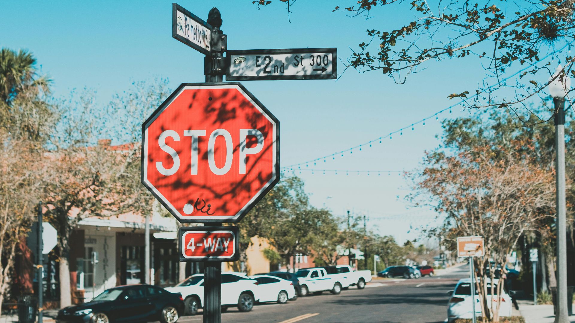 Clear day view of a suburban street highlighted by a prominent stop sign and bare tree branches against a bright blue sky.