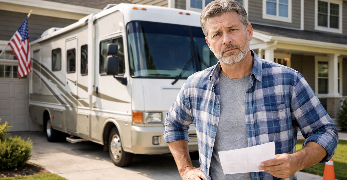 Older man in blue plaid shirt looking concerned standing in front of his home and RV.