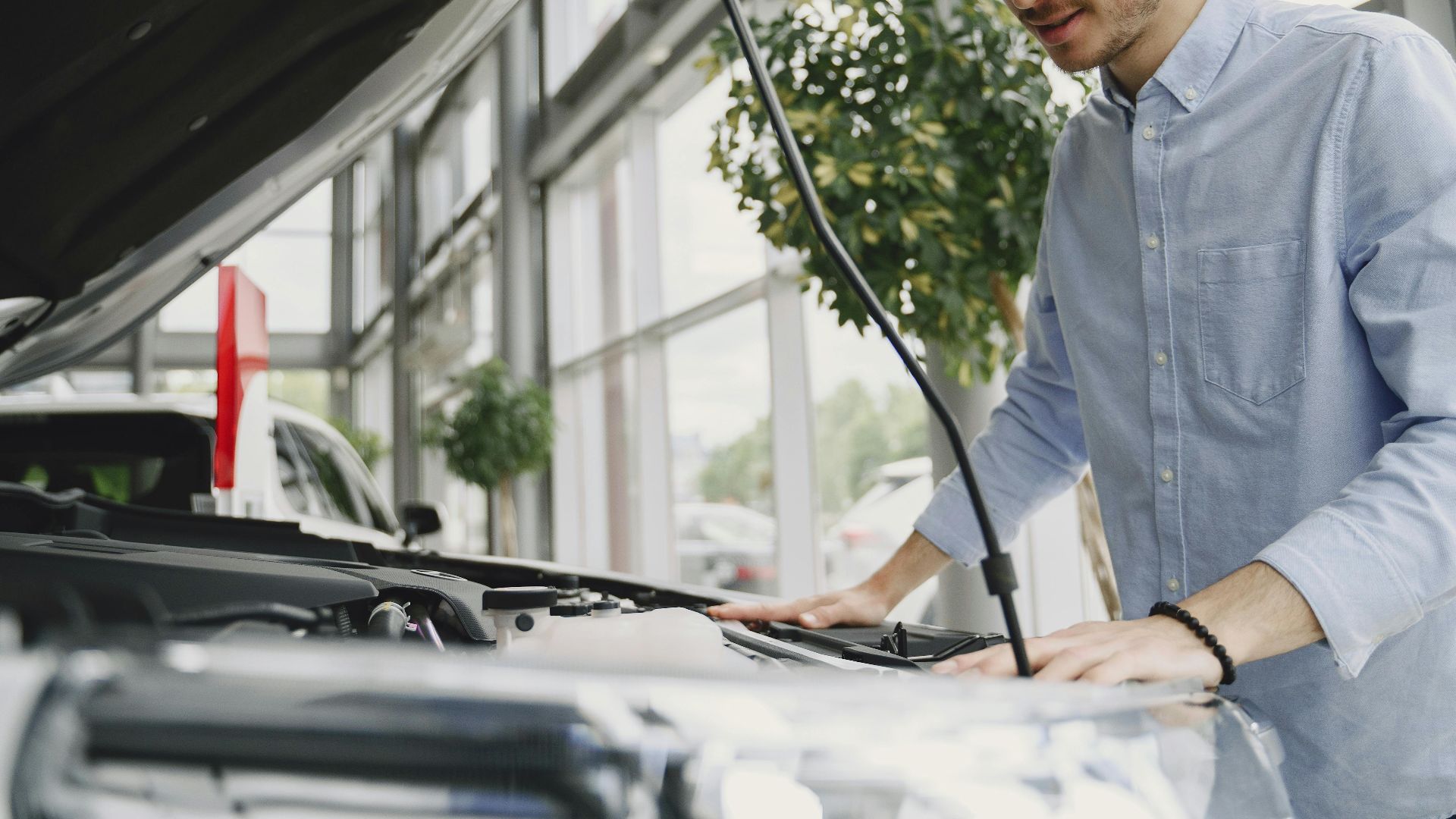 Young man examines car engine in a modern showroom, wearing a blue shirt.