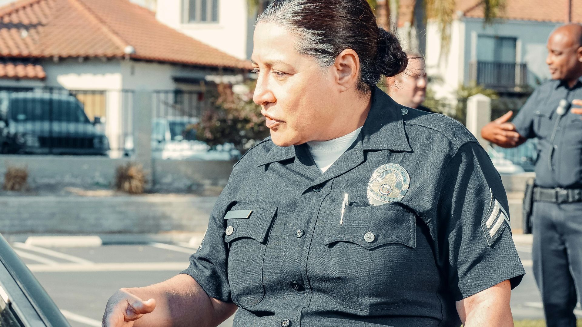 A police officer conducts a traffic stop in a suburban neighborhood, ensuring public safety.