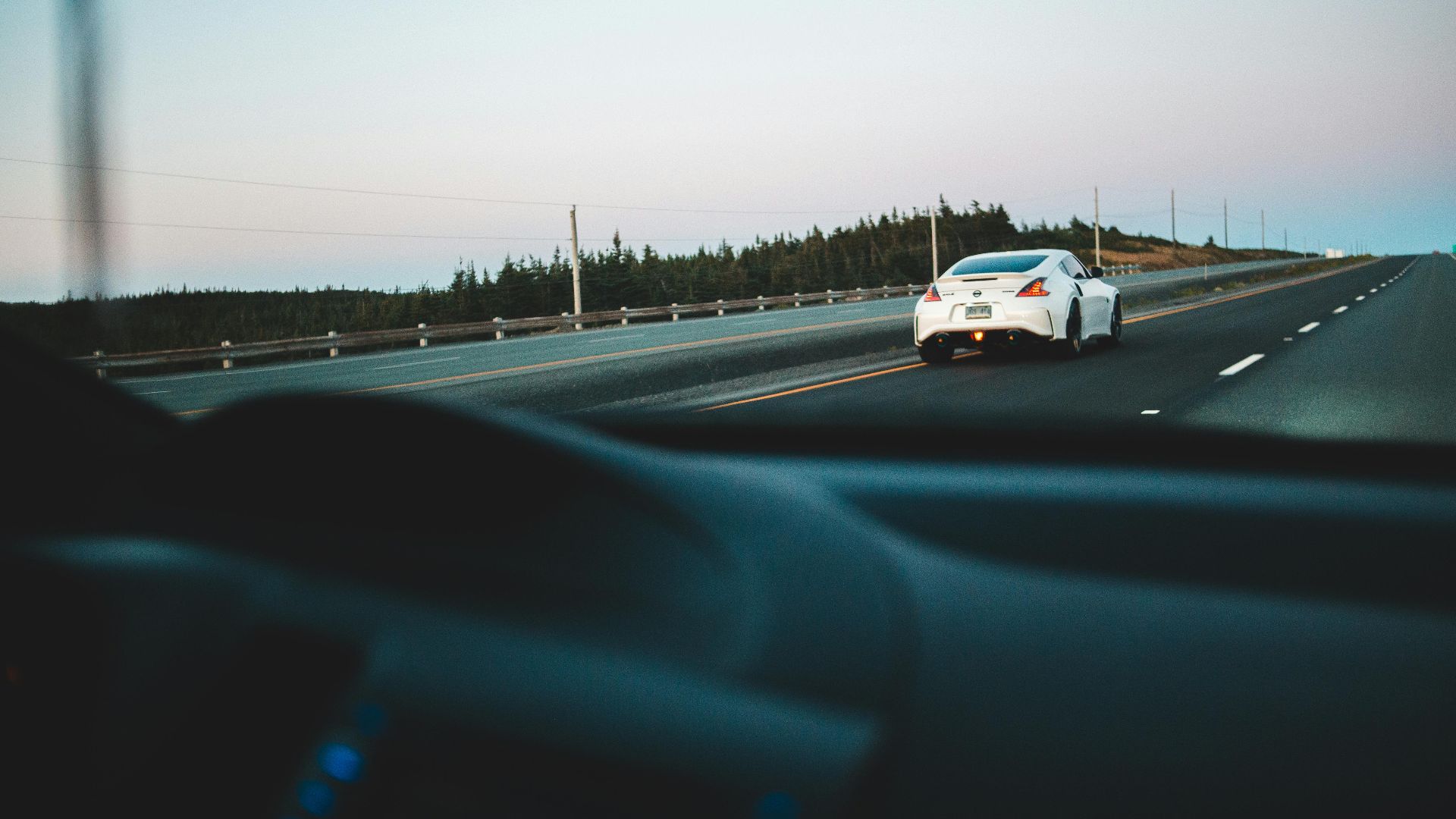 Through windshield of car with black car interior driving on asphalt roadway along green trees in daylight against cloudless sky