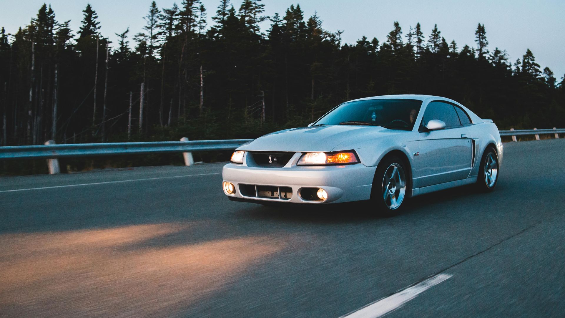 Automobile with luminous headlights rushing on asphalt road near forest with coniferous trees in evening