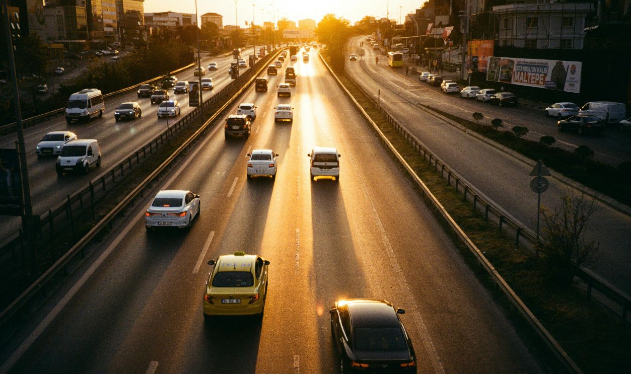 Traffic on a Multiple Lane Highway at Sunset