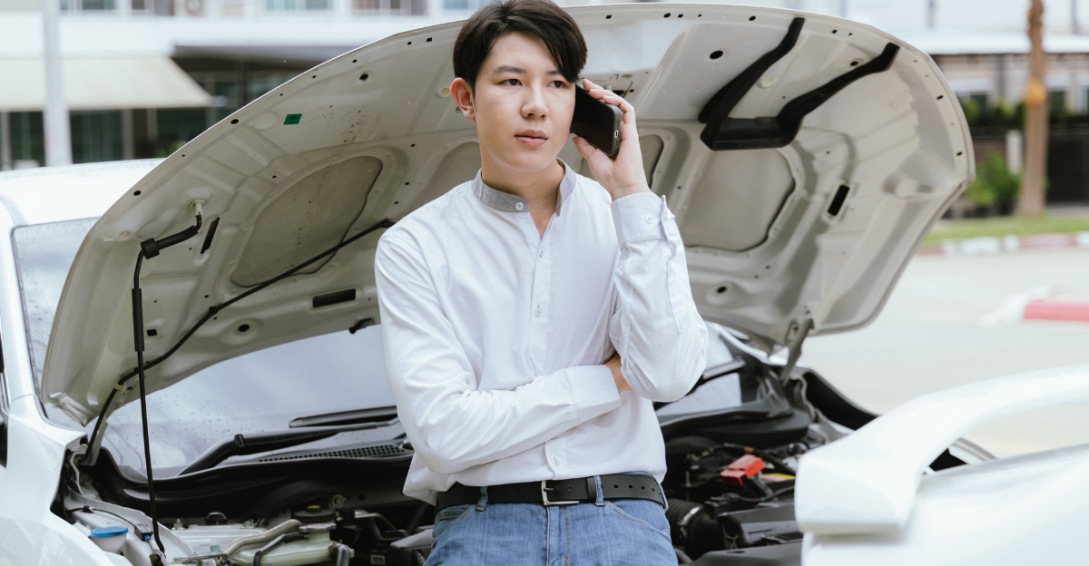 A bearded man in his 30s stands beside his broken-down car 