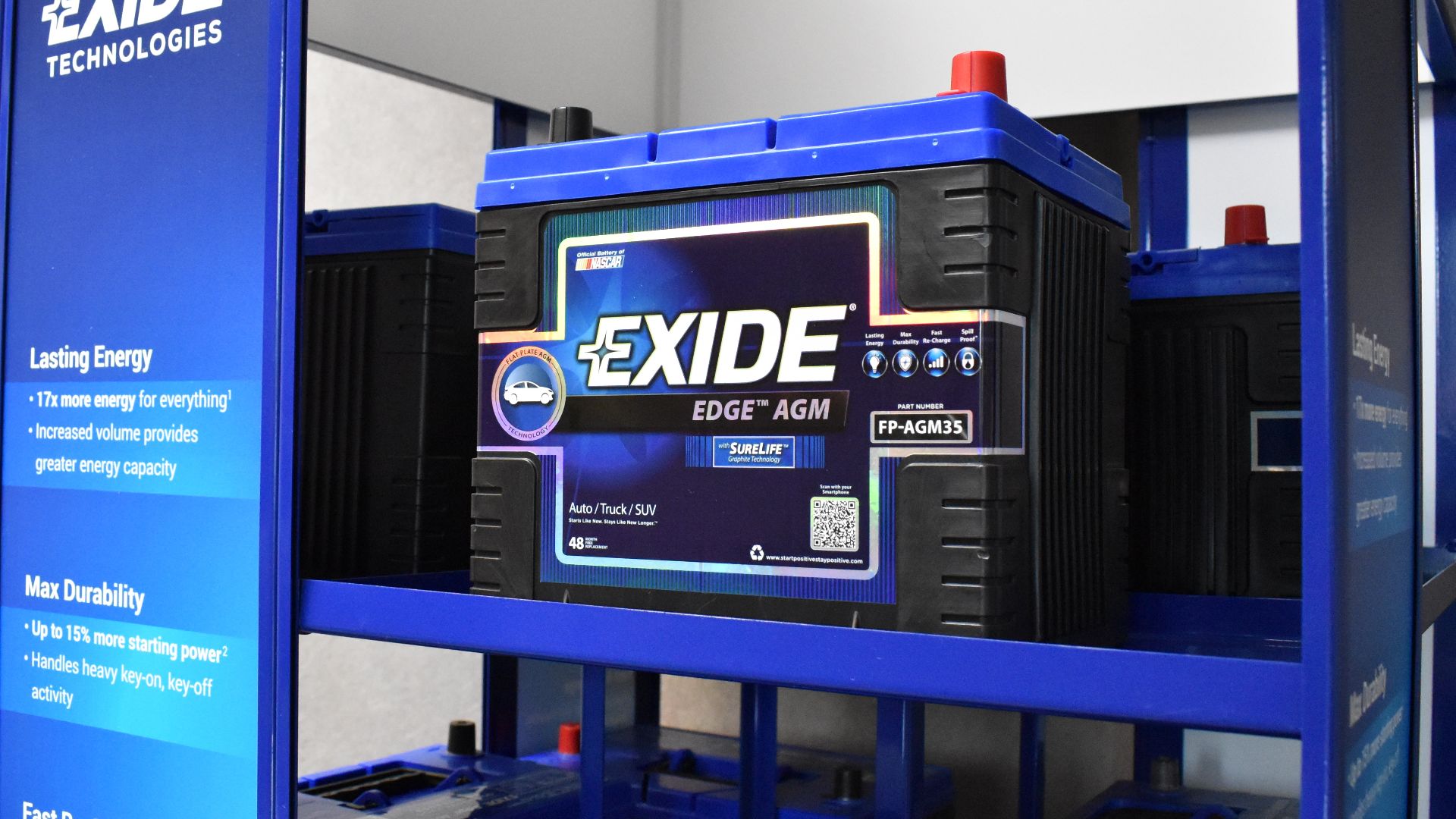 Exide battery on display in its global office. Milton, GA, 2018