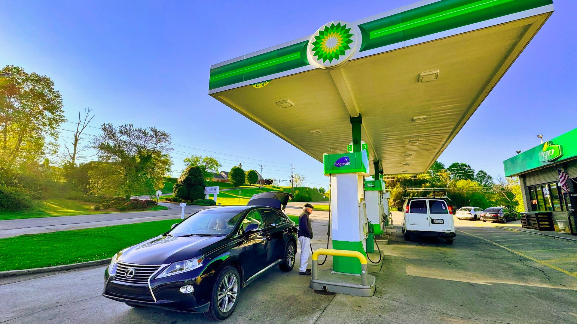 A modern BP gas station or filling station in the United States