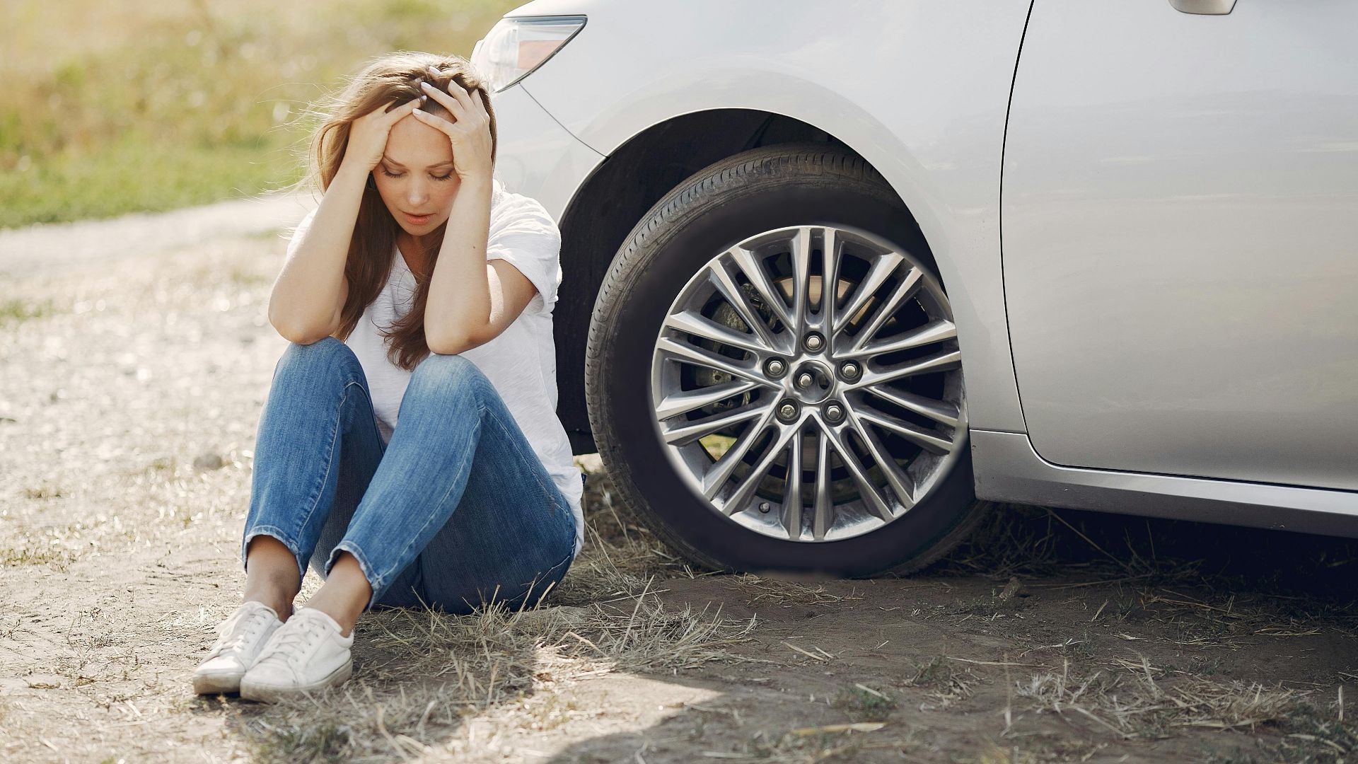 Frustrated female driver in white t shirt and jeans sitting on ground near damaged car with hands on head during car travel in sunny summer day
