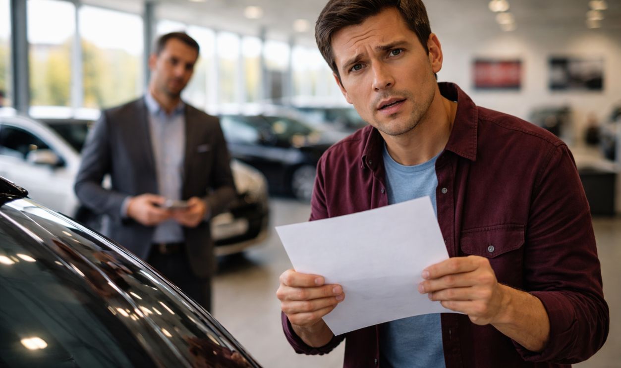 Man standing beside a new car with paperwork