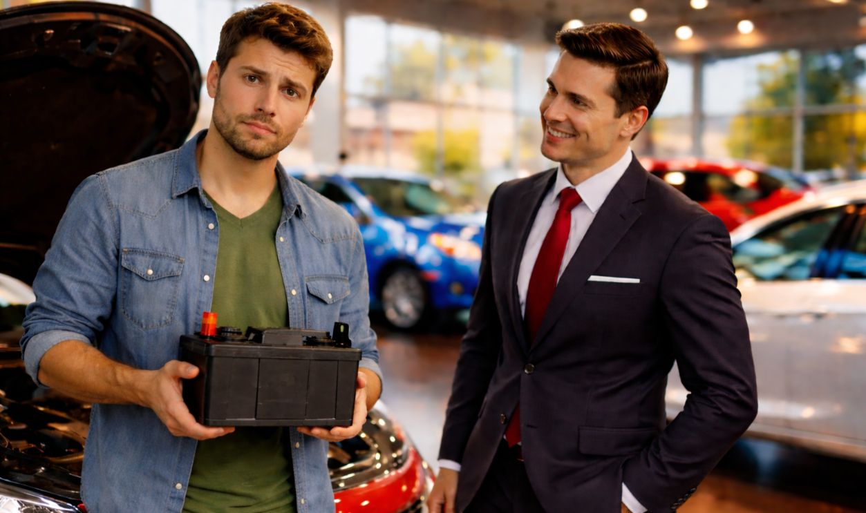 Man standing beside an open car hood