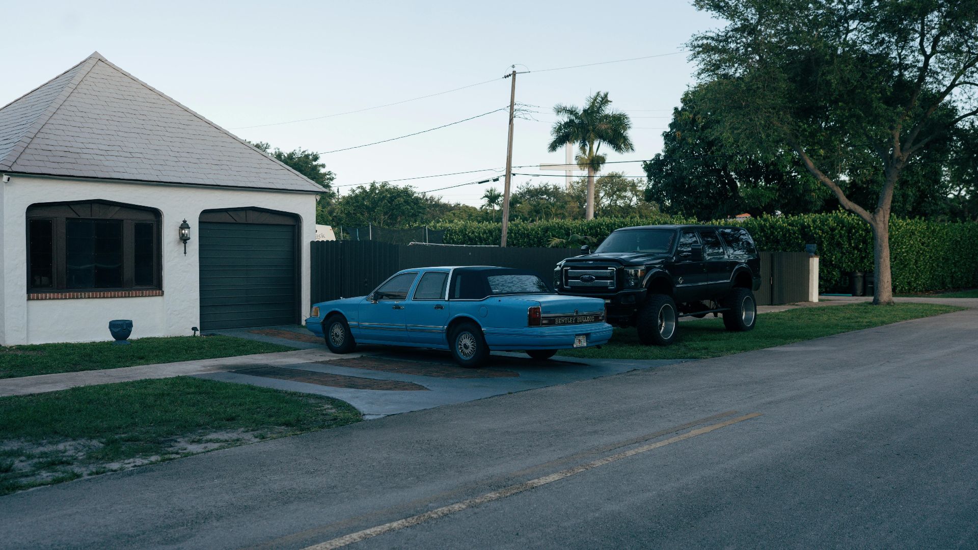 Classic and modern cars parked on a quiet residential street in a suburban neighborhood.