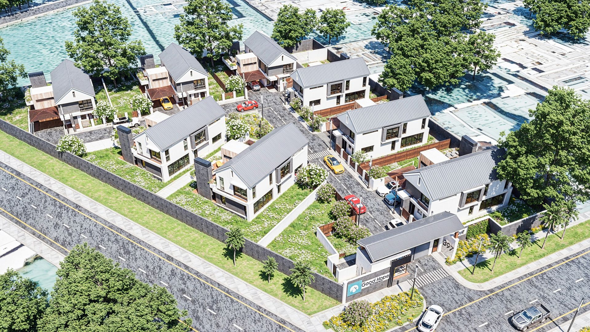 Modern houses arranged in a cul-de-sac with landscaping.