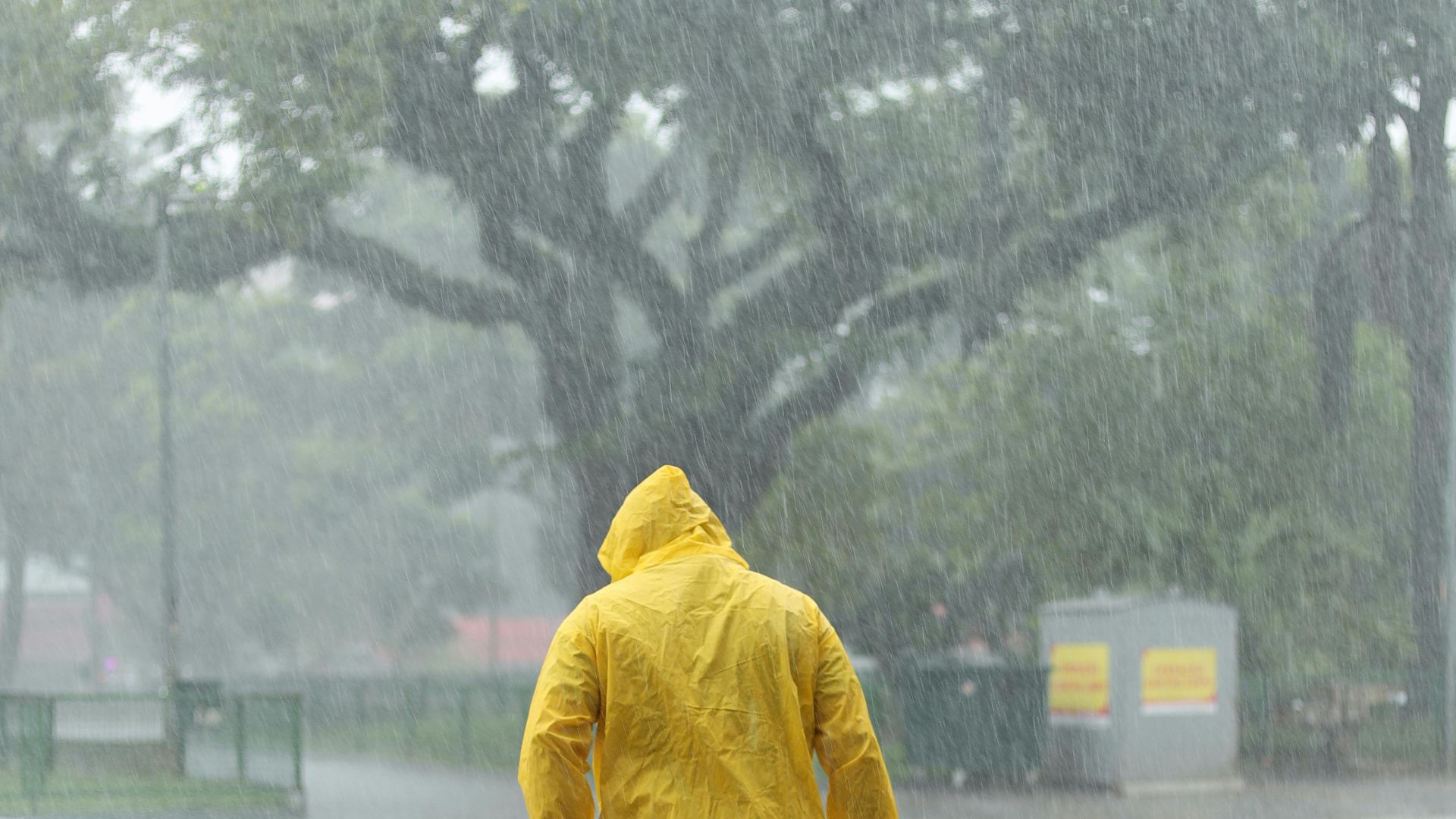 Person in a yellow raincoat walking in heavy rain on a city street.