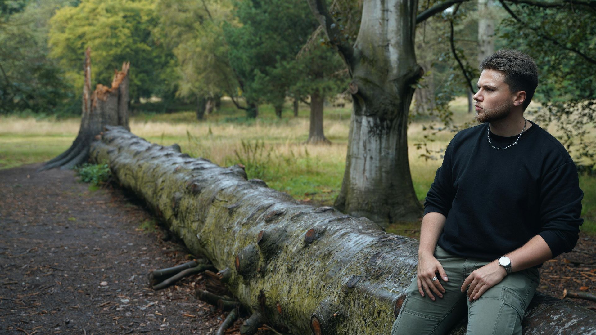 Young man in black sweater sitting on a fallen tree in a serene forest setting.