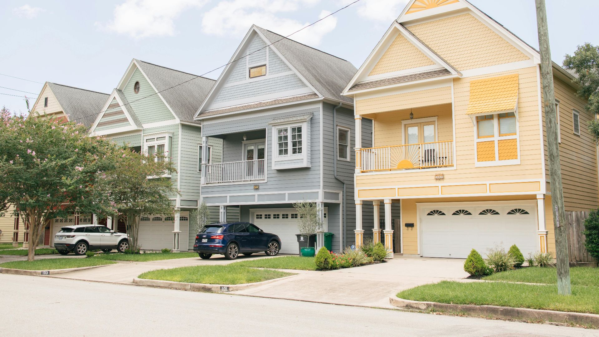 Colorful residential homes in Houston Heights neighborhood, Texas.