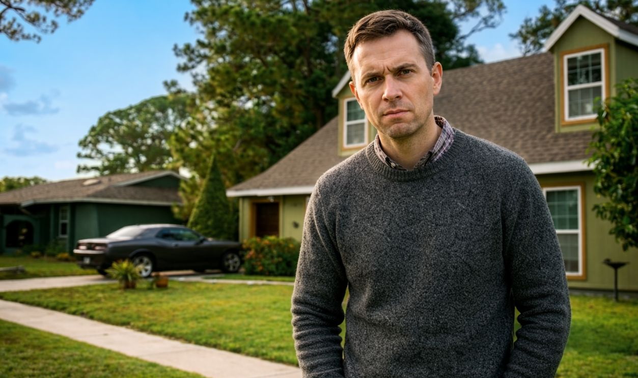 Residential House and a Car Parked in the Driveway with an uneasy man in foreground