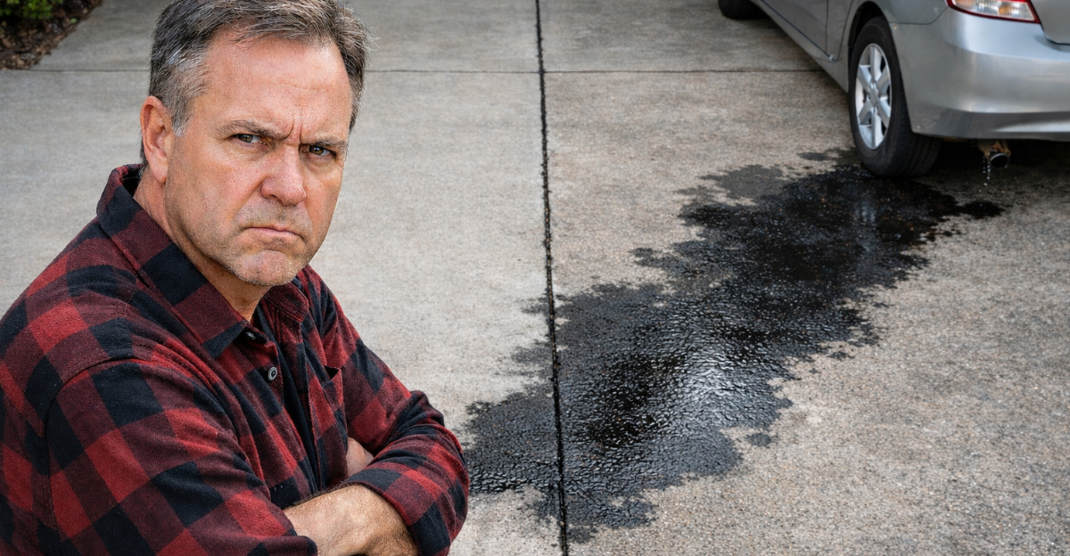 Angry man and spreading oil stain