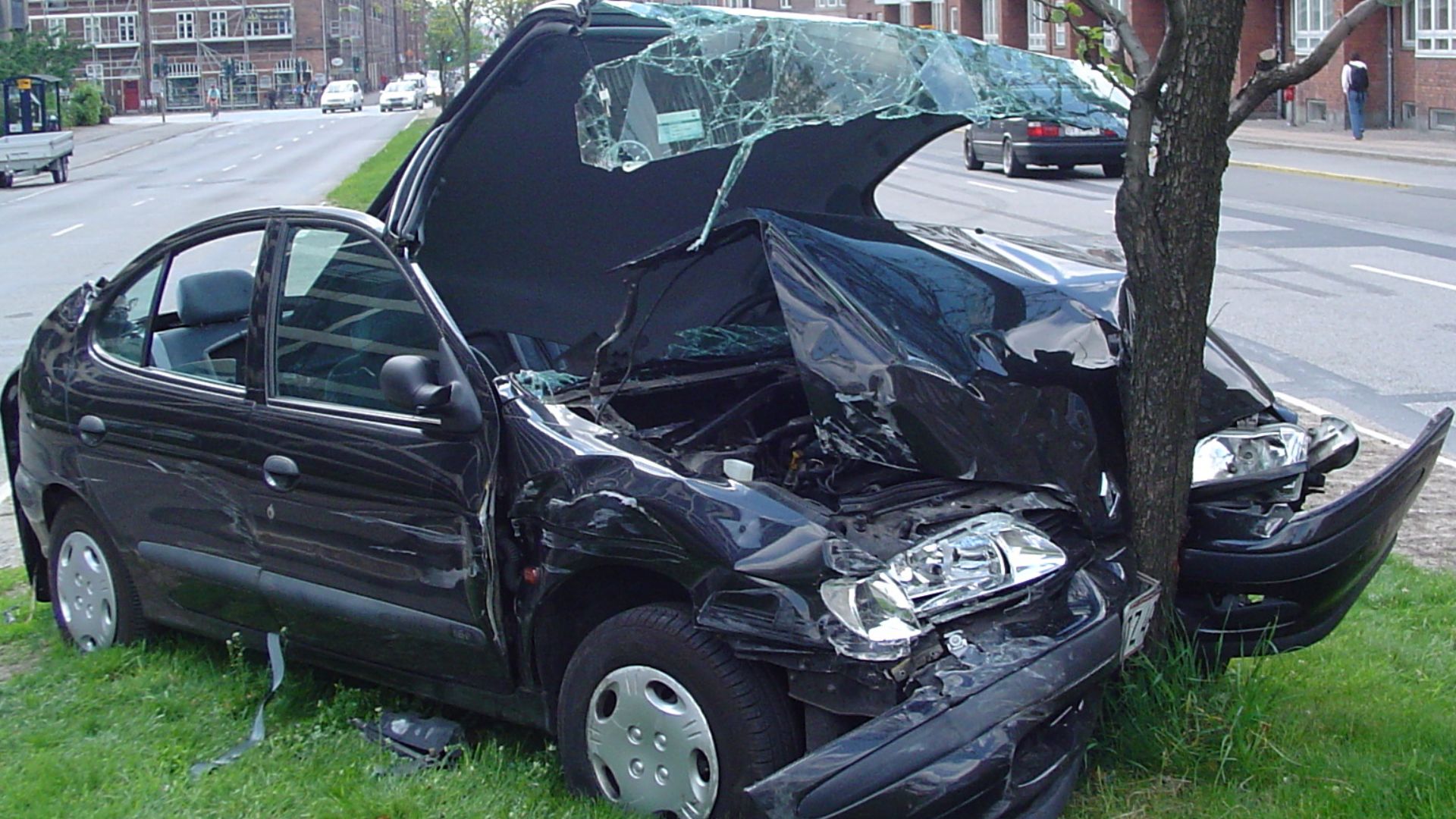 A car crash on Jagtvej, a road in Copenhagen, Denmark.