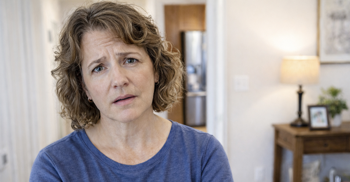 woman concerned about a car loan, standing in her home.