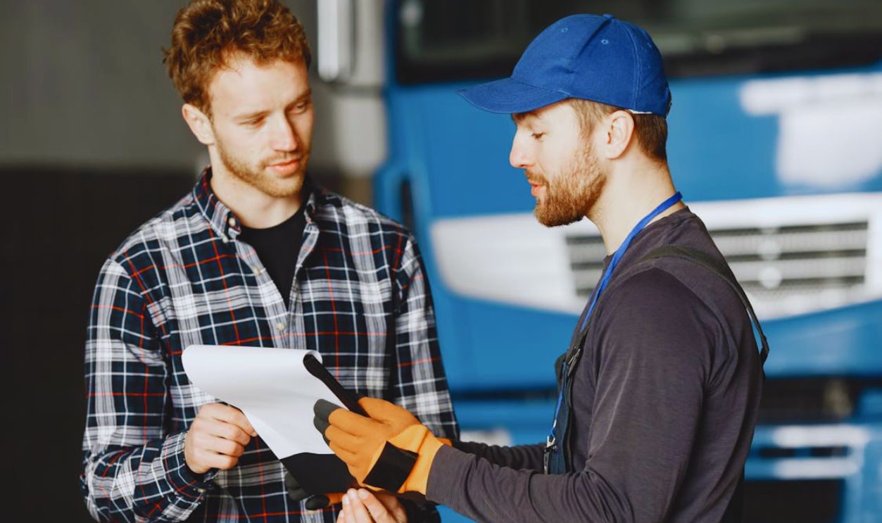Man in Black Uniform and Blue Cap Holding White Paper Beside Man in Plaid Shirt