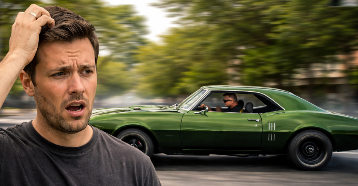 Man confused by speeding muscle car