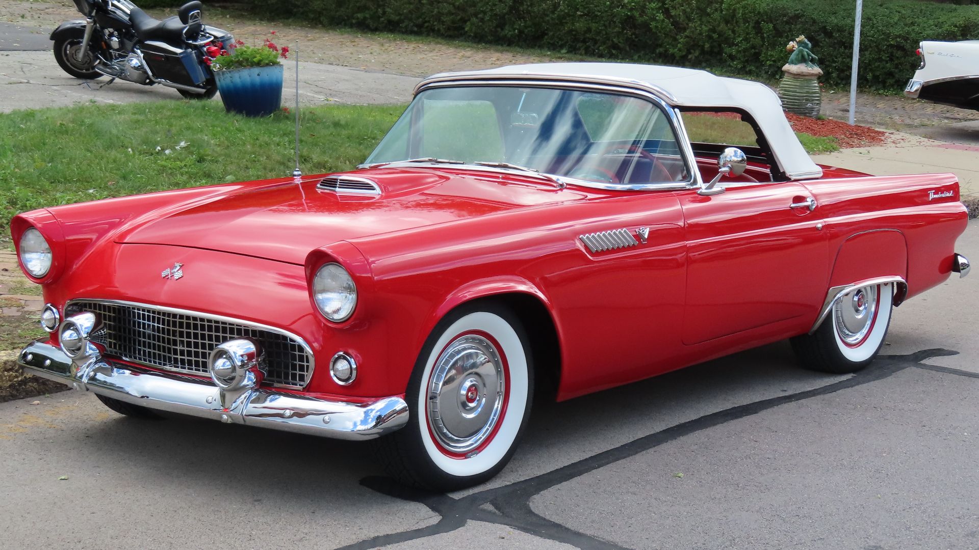 1955 Ford Thunderbird photographed at the 2024 New Brighton Car Cruise in New Brighton, Pennsylvania. Finished in Torch Red.
