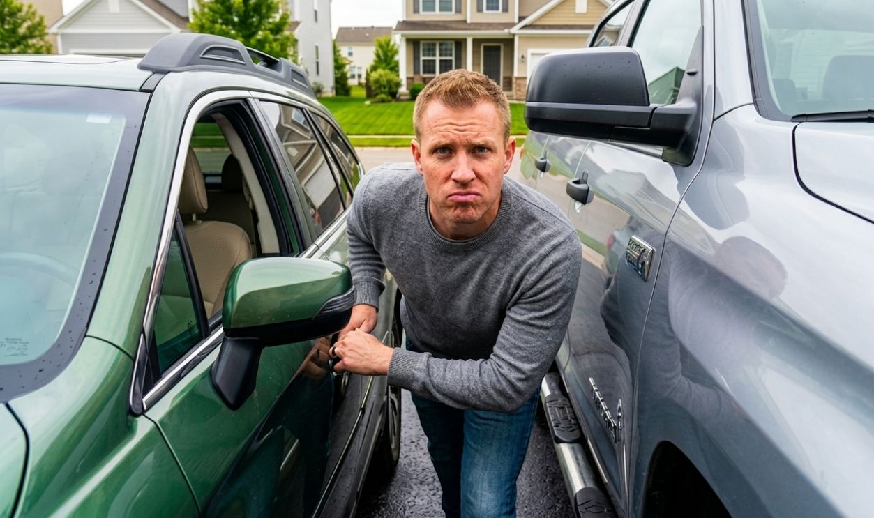 Man in tight space in between parked cars