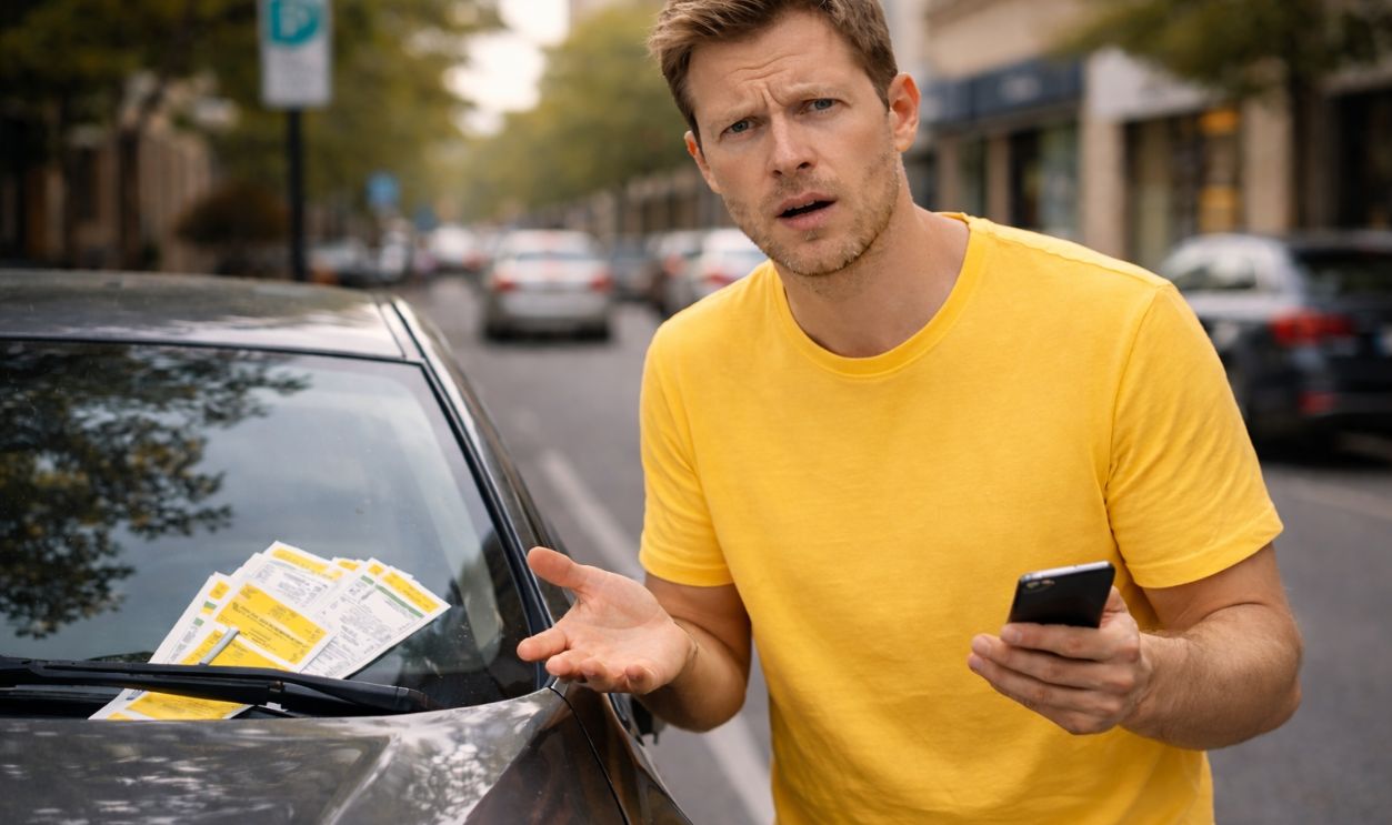 Frustrated man besides his parked car in urban street