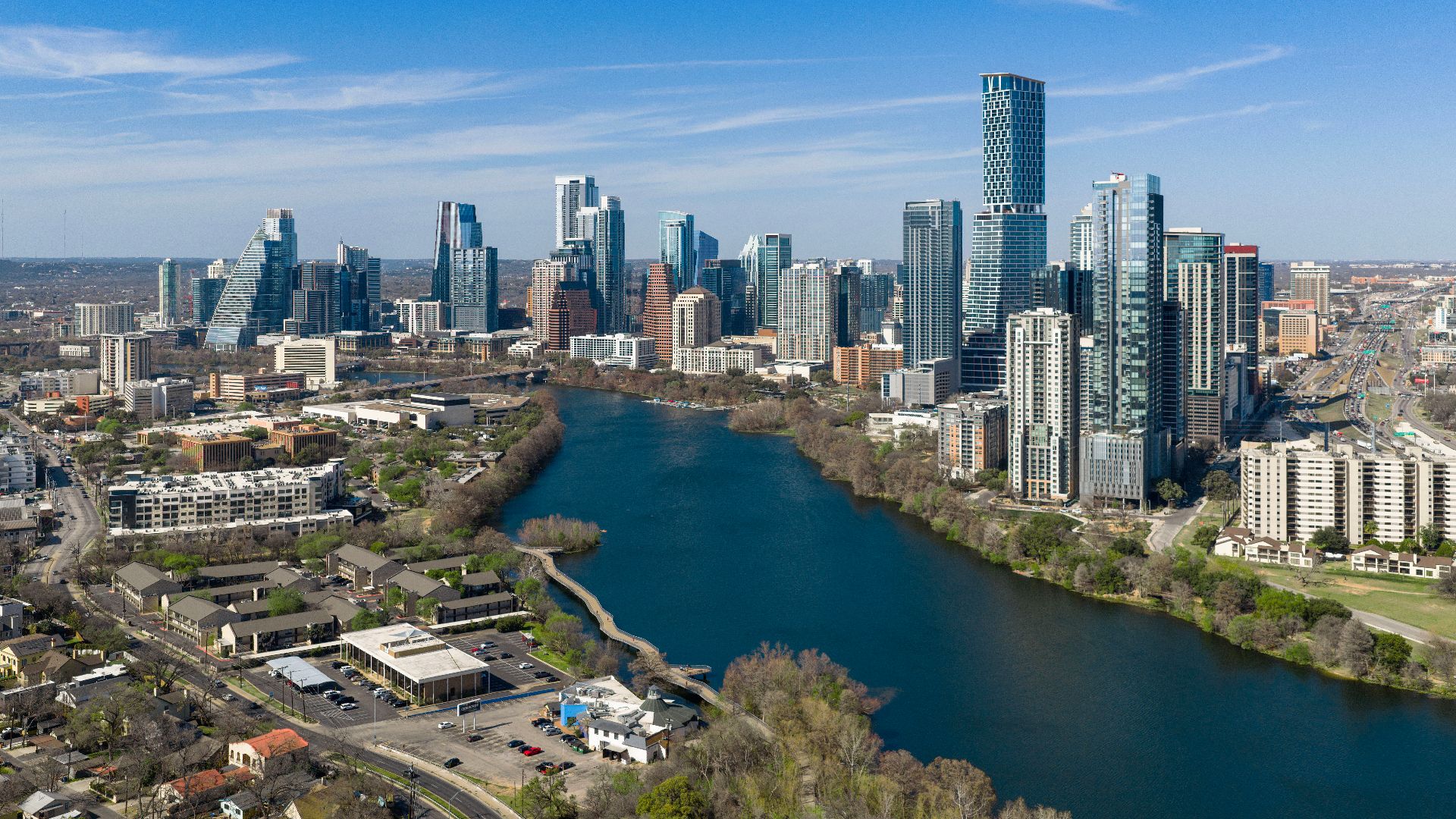 The skyline of Austin, the capital city of Texas. With a population of 961,855, it's the 13th-most populous city in the U.S.