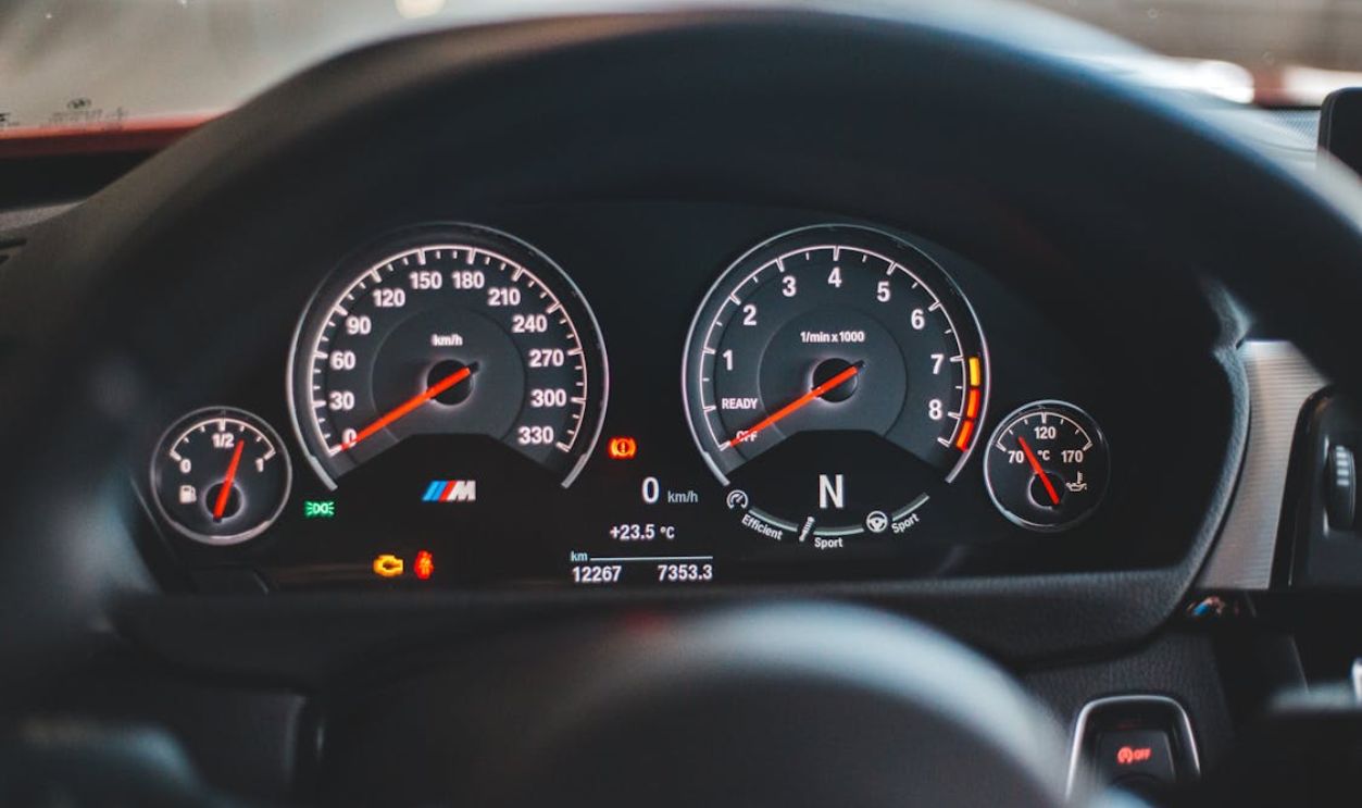 Dashboard of stylish car on parking lot