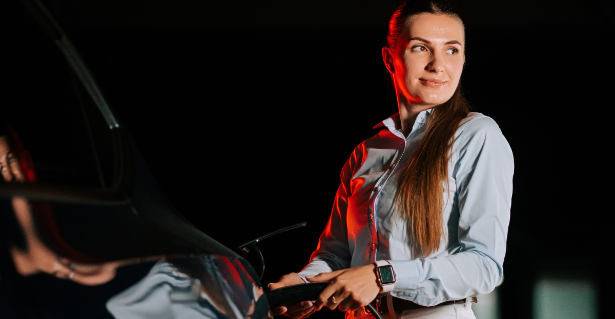 Woman charging electric car under neon lights