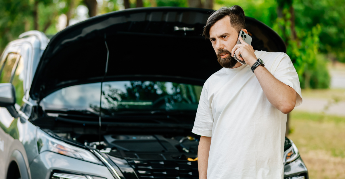 Disgruntled man broke down his car in the middle of a road trip.
