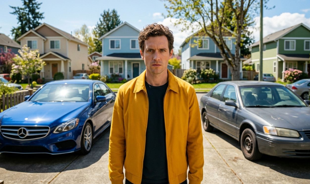 GPT Image-confused man with two cars in the background