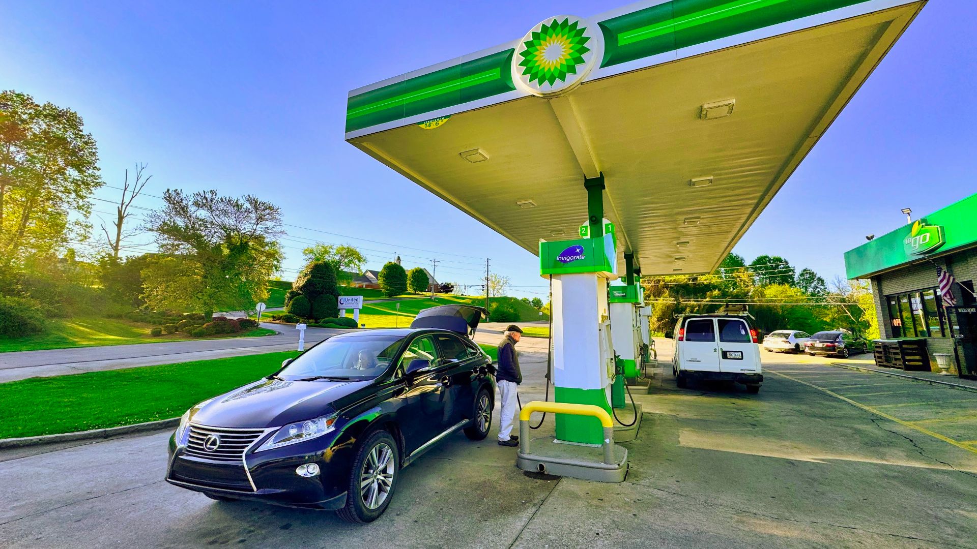 A modern BP gas station or filling station in the United States